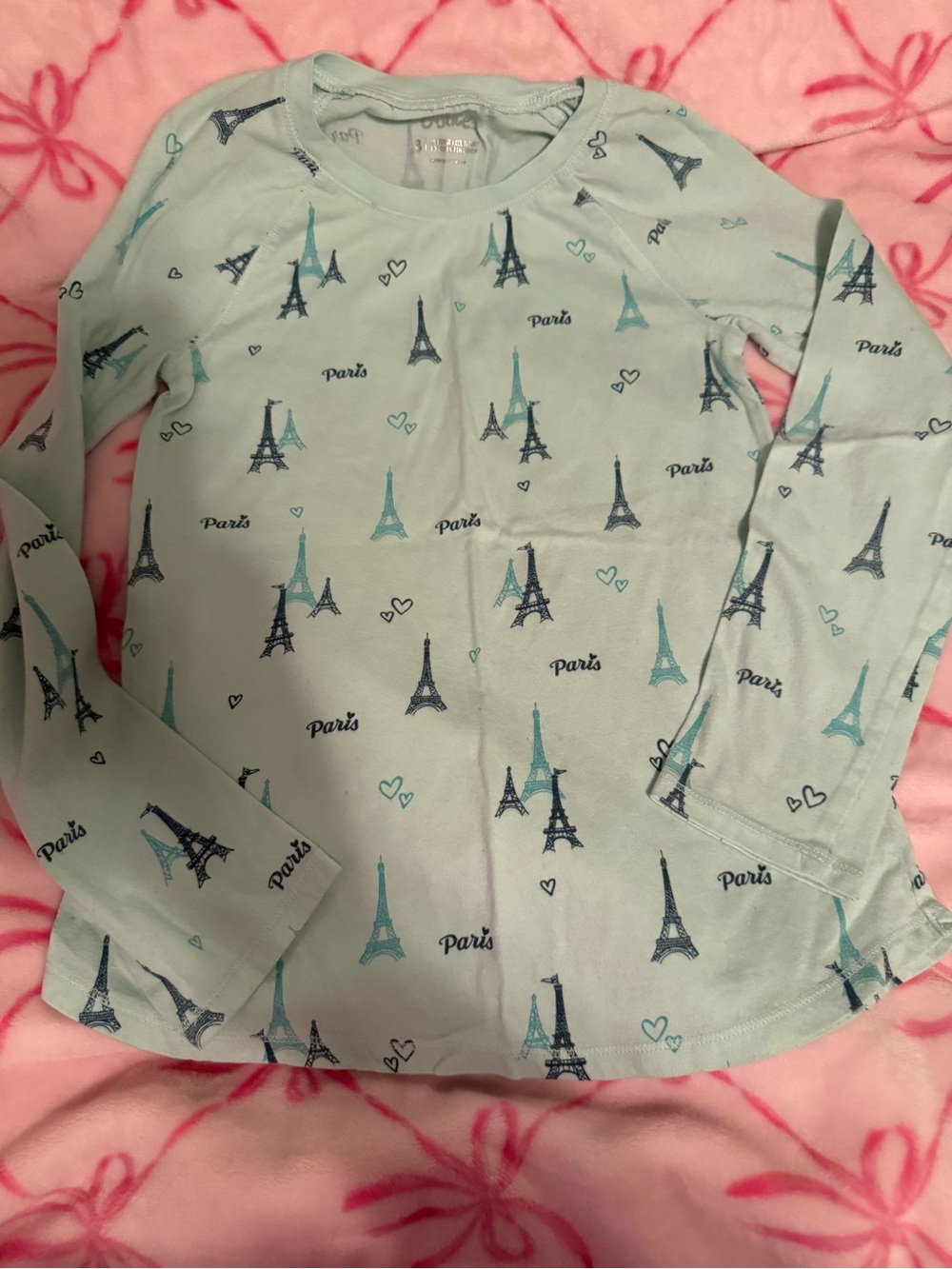 Justice Mint Green Eiffel Tower Long Sleeve Tee with Navy and Teal Prints
